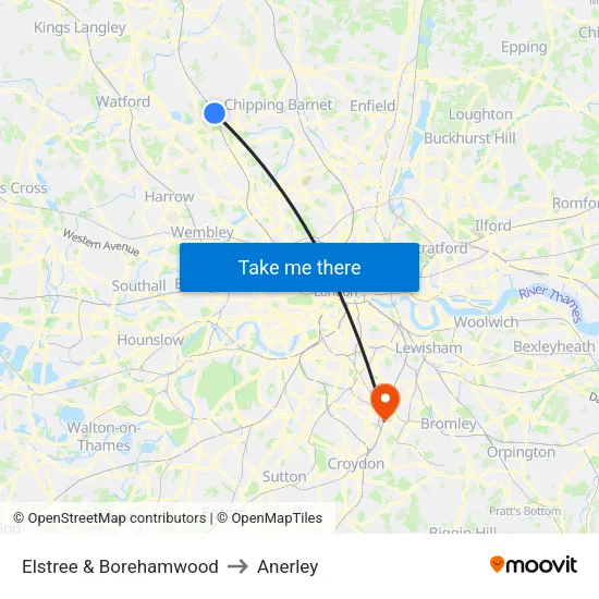 Elstree & Borehamwood to Anerley map