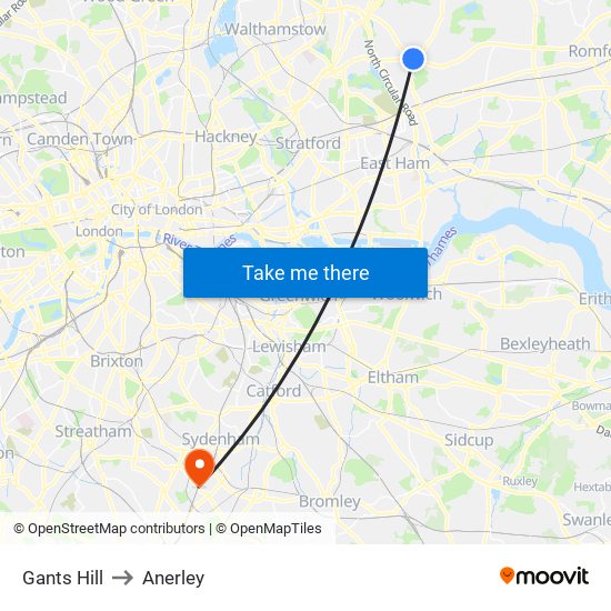 Gants Hill to Anerley map