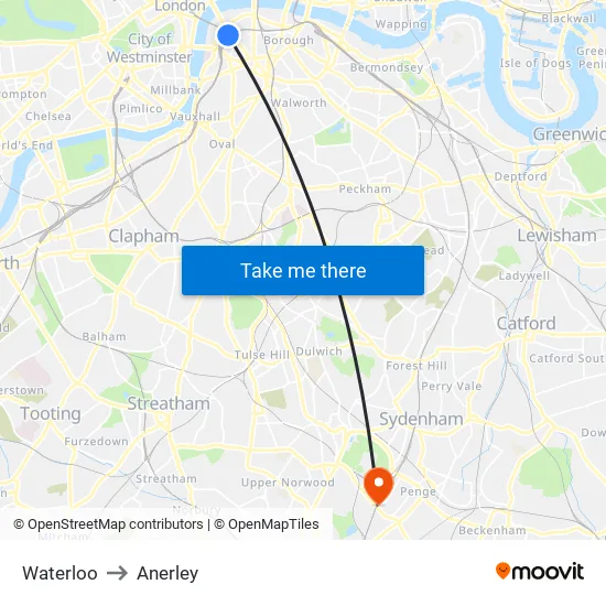 Waterloo to Anerley map