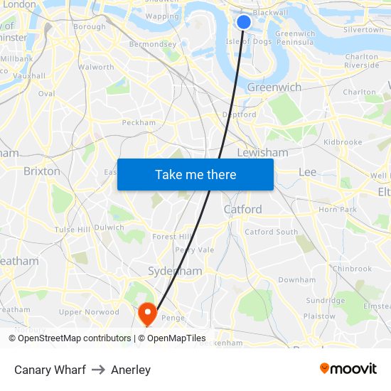 Canary Wharf to Anerley map