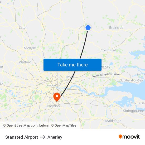 Stansted Airport to Anerley map