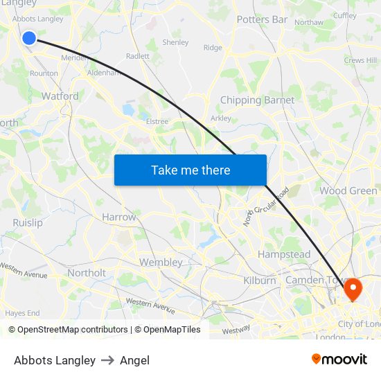 Abbots Langley to Angel map