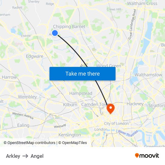 Arkley to Angel map