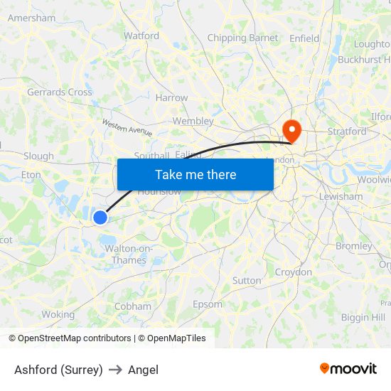 Ashford (Surrey) to Angel map