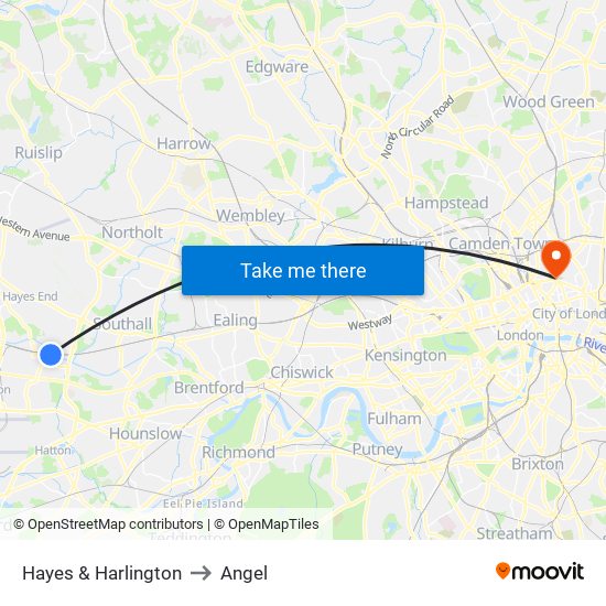 Hayes & Harlington to Angel map