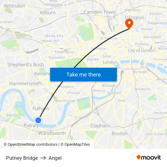Putney Bridge to Angel map