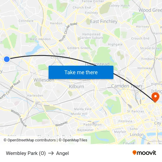 Wembley Park (O) to Angel map