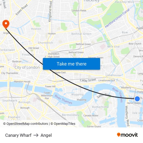 Canary Wharf to Angel map