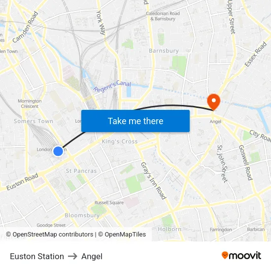 Euston Station to Angel map