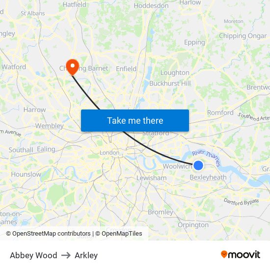 Abbey Wood to Arkley map