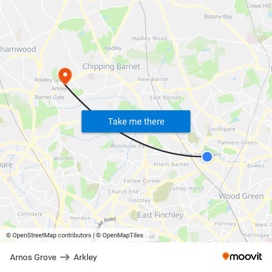 Arnos Grove to Arkley map