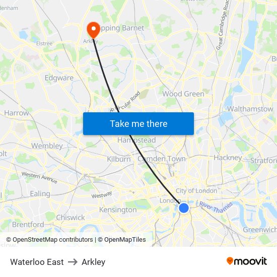 Waterloo East to Arkley map