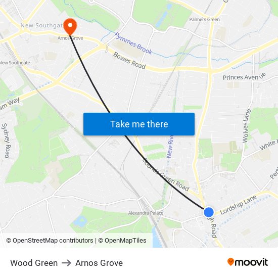 Wood Green to Arnos Grove map