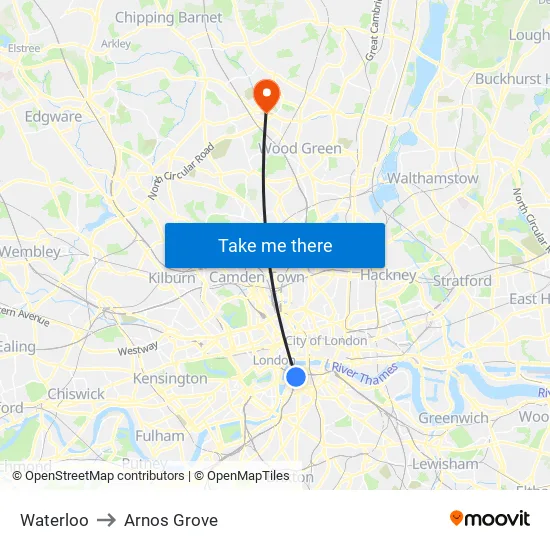 Waterloo to Arnos Grove map