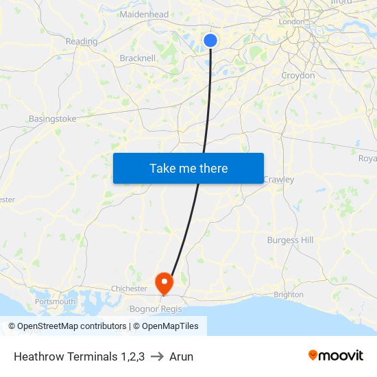 Heathrow Terminals 1,2,3 to Arun map