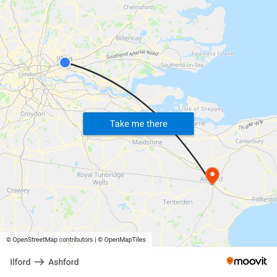 Ilford to Ashford map