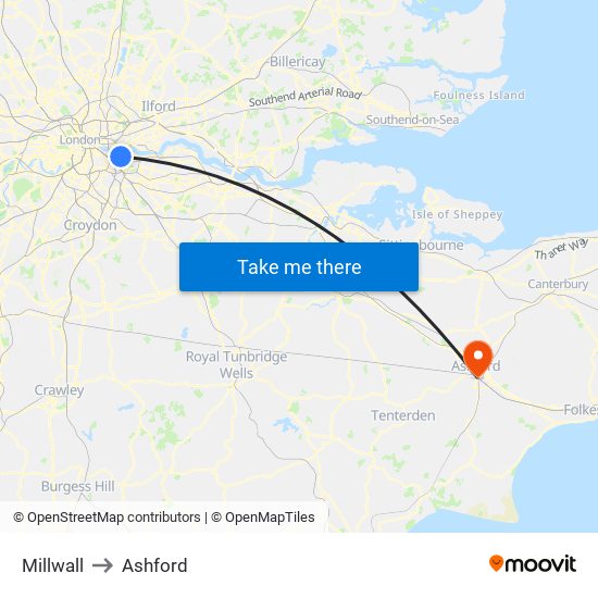 Millwall to Ashford map