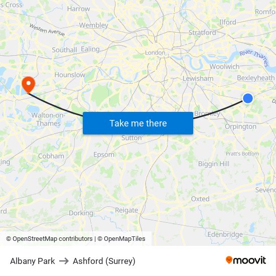 Albany Park to Ashford (Surrey) map