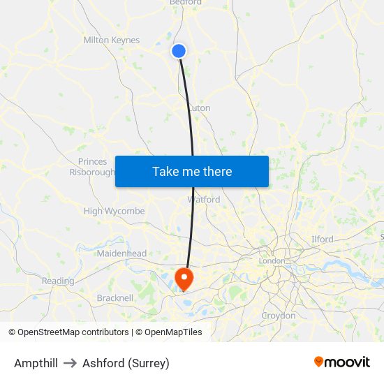 Ampthill to Ashford (Surrey) map