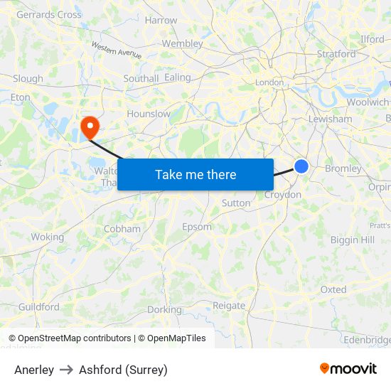 Anerley to Ashford (Surrey) map