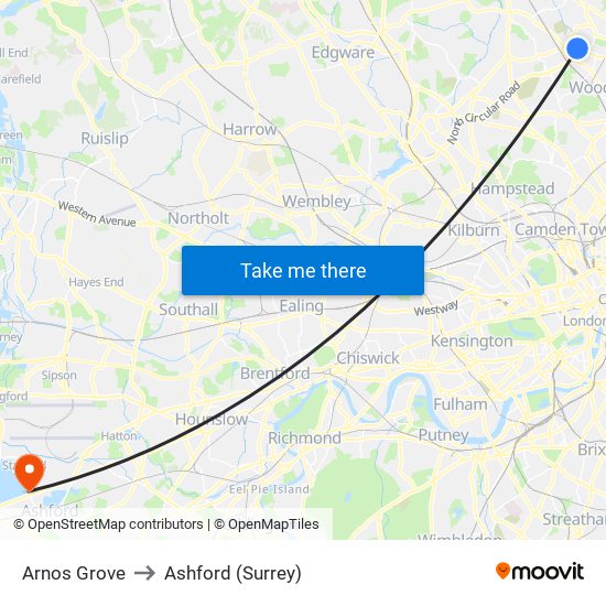 Arnos Grove to Ashford (Surrey) map