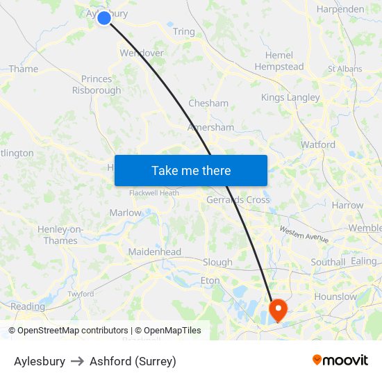 Aylesbury to Ashford (Surrey) map