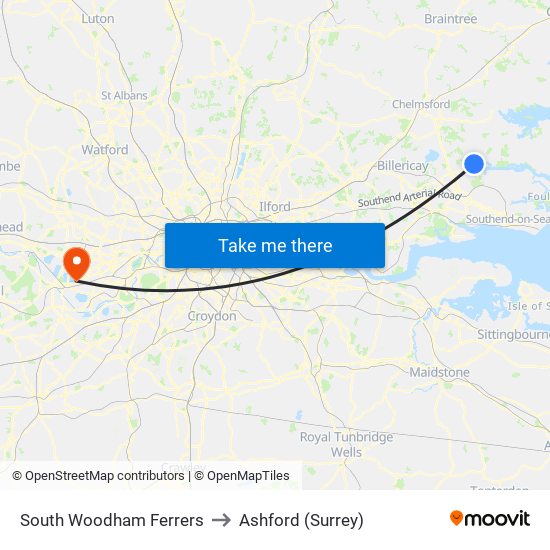 South Woodham Ferrers to Ashford (Surrey) map