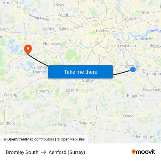 Bromley South to Ashford (Surrey) map