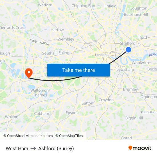 West Ham to Ashford (Surrey) map