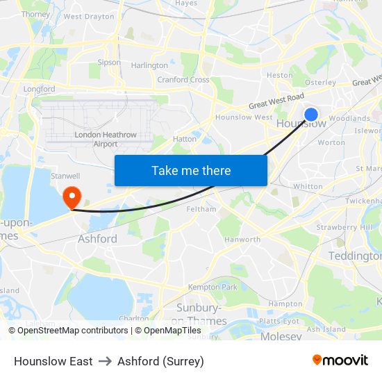 Hounslow East to Ashford (Surrey) map