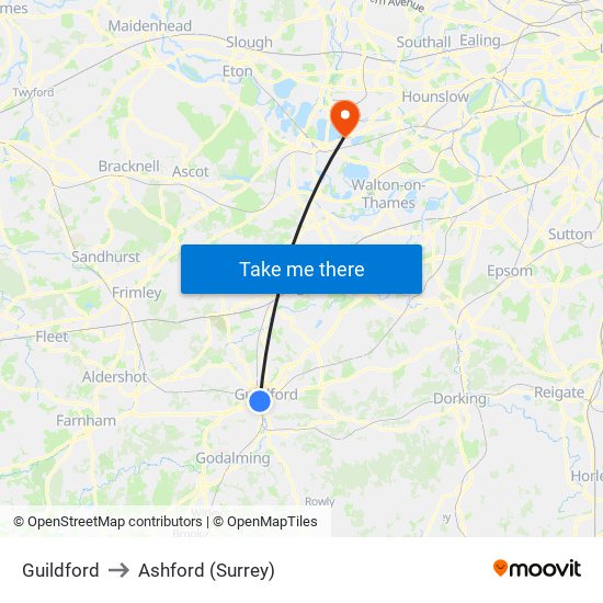 Guildford to Ashford (Surrey) map