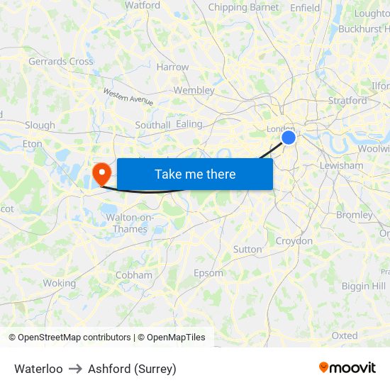 Waterloo to Ashford (Surrey) map