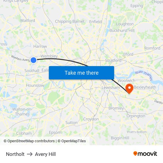 Northolt to Avery Hill map