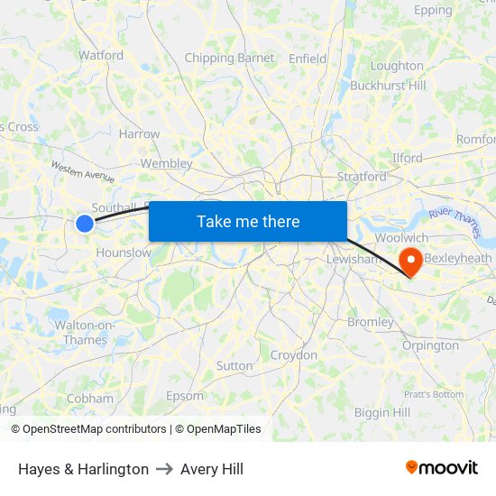 Hayes & Harlington to Avery Hill map