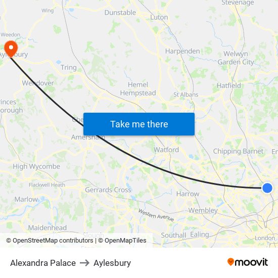 Alexandra Palace to Aylesbury map