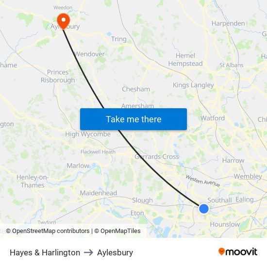 Hayes & Harlington to Aylesbury map