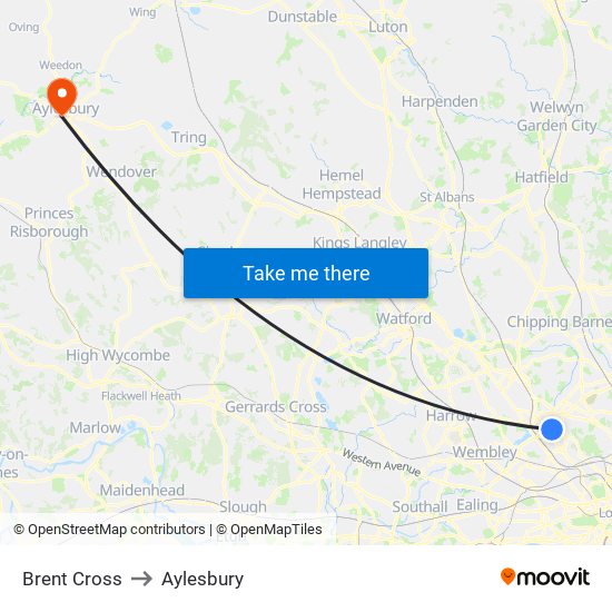 Brent Cross to Aylesbury map