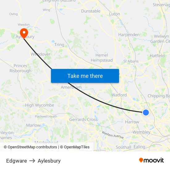 Edgware to Aylesbury map