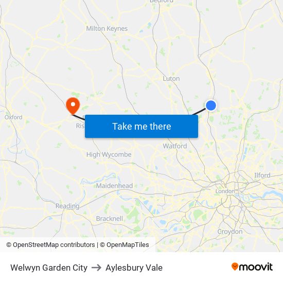 Welwyn Garden City to Aylesbury Vale map