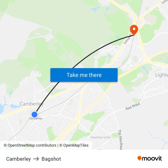 Camberley to Bagshot map