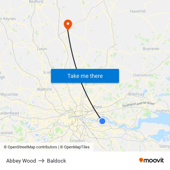 Abbey Wood to Baldock map