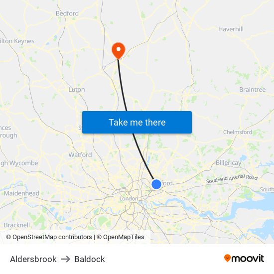 Aldersbrook to Baldock map