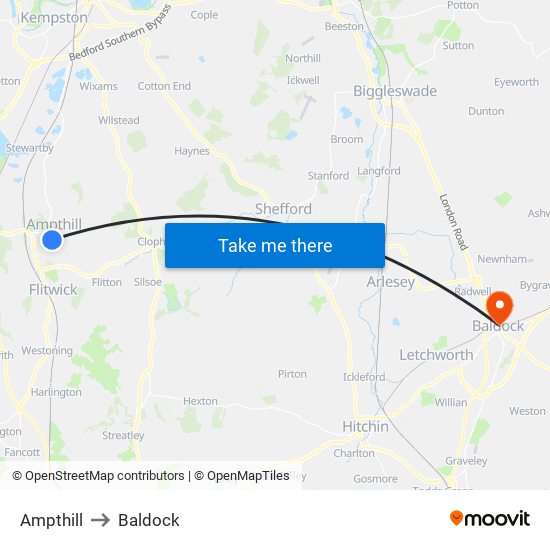 Ampthill to Baldock map