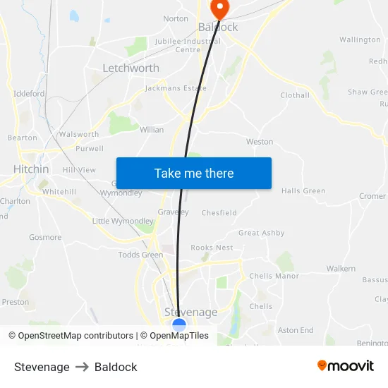 Stevenage to Baldock map