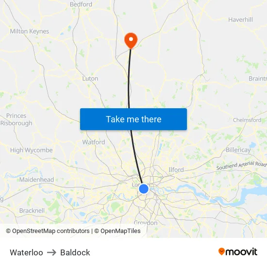 Waterloo to Baldock map