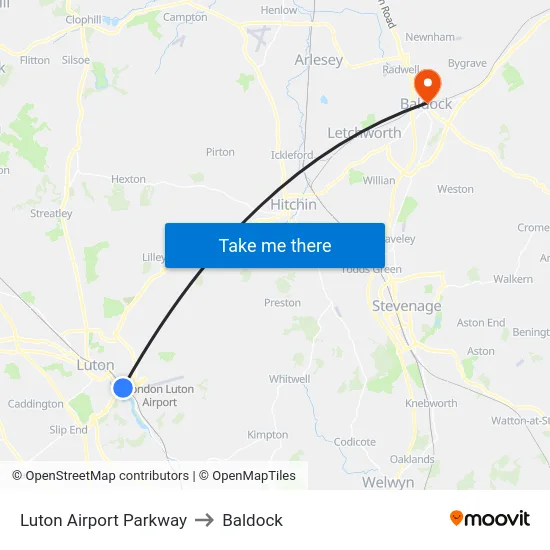 Luton Airport Parkway to Baldock map