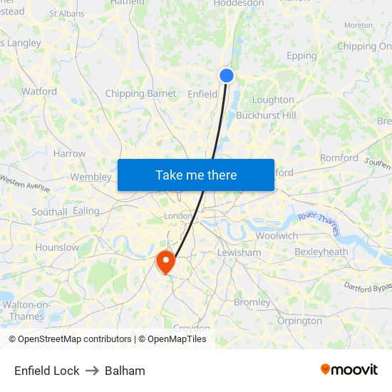 Enfield Lock to Balham map