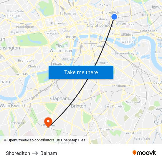 Shoreditch to Balham map