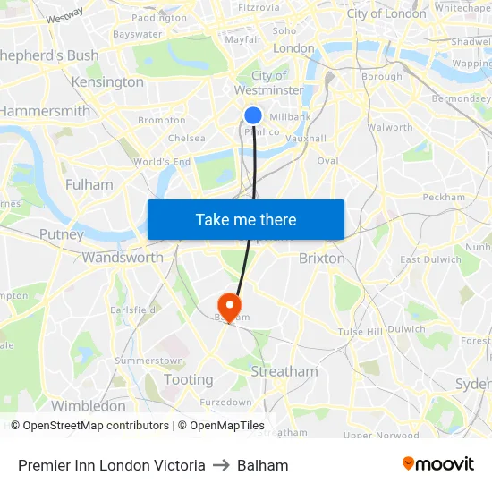 Premier Inn London Victoria to Balham map