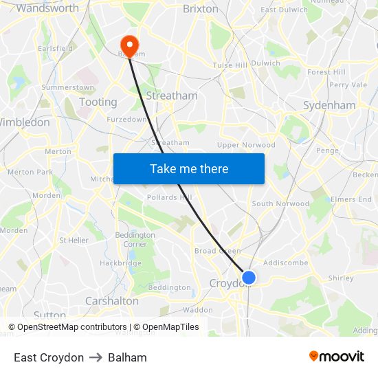 East Croydon to Balham map